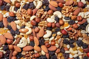 Mixed Nuts. Almonds, Walnuts, Cashews, Peanuts, Hazelnuts, Dried Prunes and Raisins. Different Nut Mix. Background from Various Nuts and Dried Fruits photo