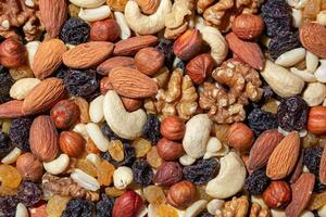 Mixed Nuts. Almonds, Walnuts, Cashews, Peanuts, Hazelnuts, Dried Prunes and Raisins. Different Nut Mix. Background from Various Nuts and Dried Fruits photo