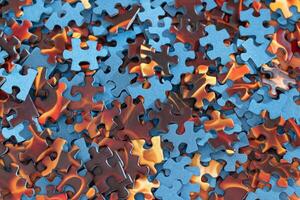 Top View of Mixed Peaces of a Jigsaw Puzzle Texture Background photo