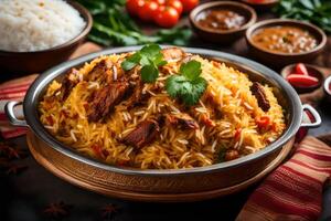 AI generated indian biryani with chicken and vegetables photo