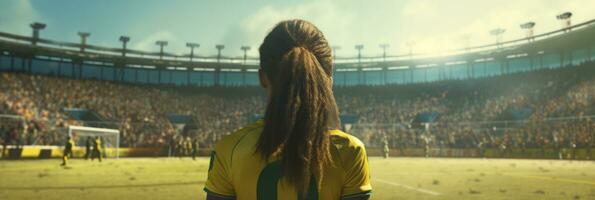 ai generado mujer jugador en pie en un fútbol juego campo, generativo ai foto