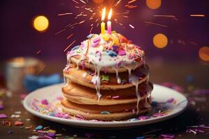 AI generated A festive scene featuring a stack of pancakes adorned with whipped cream, sprinkles, and a birthday candle. Generative AI photo