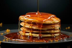 AI generated An artistic shot of pouring maple syrup over a stack of pancakes, capturing the golden liquid in mid-air. Generative AI photo