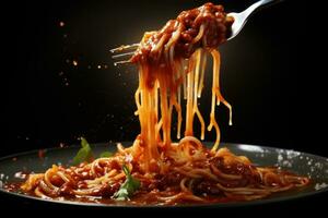 AI generated An artistic shot of a fork twirling spaghetti coated in tomato sauce, capturing the motion and texture. Generative AI photo