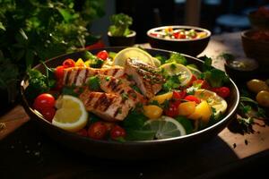 ai generado un vibrante ensalada cuenco lleno con un vistoso formación de Fresco vegetales y A la parrilla pollo. generativo ai foto