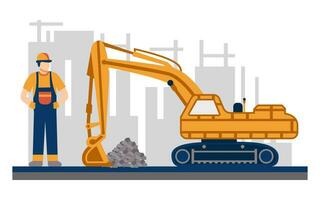 Modern building and building construction workers flat design vector