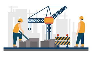 Modern building and building construction workers flat design vector