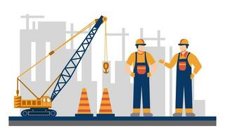 moderno edificio y edificio construcción trabajadores plano diseño vector