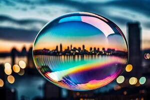 AI generated a colorful bubble with a city in the background photo