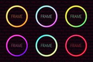 Set of vector neon frames. Illumination in blue, yellow, red, green and purple colors. Glowing neon circles in futurist style