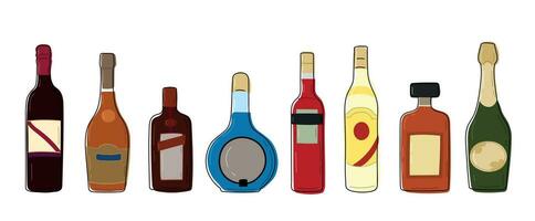 Set of different alcohol drinks and beverages. Flat design style. Vector alcohol bottles wine and champagne, whiskey and rum