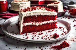 AI generated a slice of red velvet cake on a plate photo