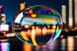 AI generated a colorful bubble with city lights in the background photo