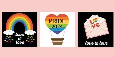 conjunto de pancartas modelo con lgbtq simbolos social medios de comunicación correo, cuentos, póster modelo con lgbt arco iris bandera. colección de tarjetas para orgullo mes celebracion. gay desfile. vector
