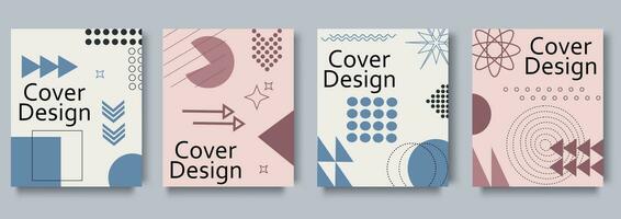 Geometric cover brochure set in flat design. Poster templates with abstract simple minimal forms of squares, circles, arrows, dots and halftone prints, curves and lines. Vector illustration