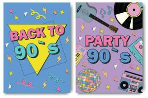 Party 90s banner. 90s graphic design template. Poster templates with happy nineties symbols, neo brutalism, gamepad and devices, headphones and other retro pop culture signs vector