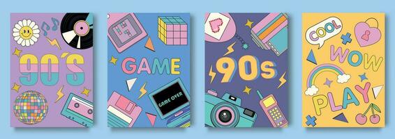 90s retro cover brochure set in flat design. Poster templates with old gamepads, music cassettes and disks, game gadgets, headphones, nostalgia items and elements. Vector illustration