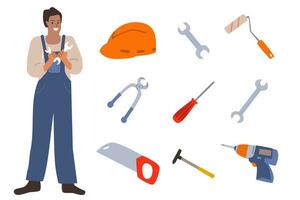 set of building tools and pretty man worker with dark skin. Vector illustration isolated. Smiling worker in blue overalls. Instruments and man. Sew, drill, hammer and other tools in flat style.