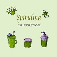 Background of spirulina algae drinks in hand drawn sketch style. Vector illustration multicolored. Can used for superfood label, flyer, card.