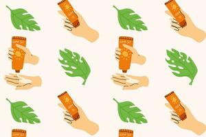 sin costura modelo de cosmético productos y monstera hoja para piel en plano estilo. vector ilustración aislado. lata utilizar para envase papel, textil, carteles