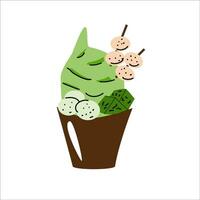 ice cream with matcha tea powder - trendy food. Vector illustration in brown bowl. Can used for stikers, menu background, price labels, cards, posters.