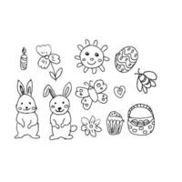 Happy Easter doodle set isolated. Vector illustration with butterfly, bunny and other holiday icons. Can used for wrapping paper, greeting card.