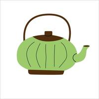 green teapot or kettle for matcha green tea. Vector illustration green ceramic kettle for chinese or japanese ceremony. Traditional teapot in flat style. Can used for tea label, icon, greeting card.