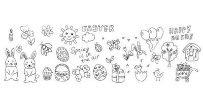 happy easter doodle background, set outline. Vector illustration isolated. Can use for spring banner, web site design, color page. Set of banny, easter egg, butterfly, basket, bird, sun, lettering.