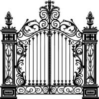 Vector illustration wrought-iron fence. Old metal fence and gate. Gate silhouette. AI generated illustration.