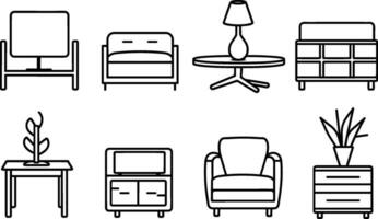 Furniture icons set. collection of linear simple web icons such as kitchen, bathroom, sofa, bedroom, table, etc. Editable vector stroke. AI generated illustration.