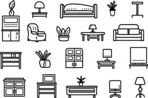 Furniture icons set. collection of linear simple web icons such as kitchen, bathroom, sofa, bedroom, table, etc. Editable vector stroke. AI generated illustration.