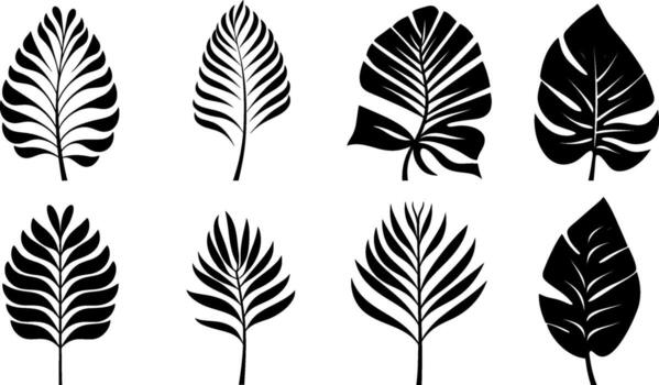Set of black silhouettes of tropical leaves palms, trees. Vector. AI generated illustration. vector