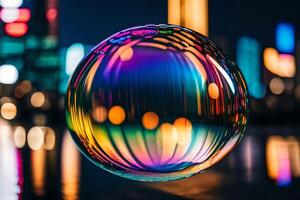 AI generated a colorful bubble with a city skyline in the background photo