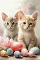 AI generated kittens with easter eggs watercolor graphics for easter photo