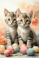 AI generated kittens with easter eggs watercolor graphics for easter photo