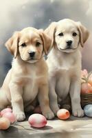 AI generated puppies with easter eggs watercolor graphics for easter photo