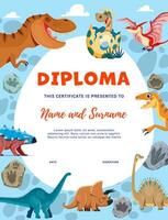 Kids diploma, cartoon dinosaur characters, fossil vector