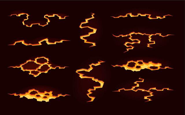 Volcano magma lava, fire ground cracks cartoon set