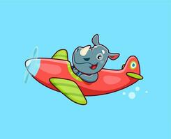 dibujos animados linda rinoceronte animal personaje en avión vector