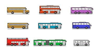 ciudad, viaje y colegio autobús color línea íconos vector