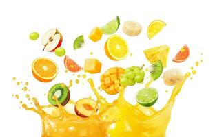 multifrutas jugo, Fruta mezcla chapoteo en corona ola vector