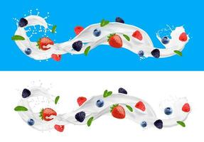 White milk yoghurt drink wave flow splash, berries vector