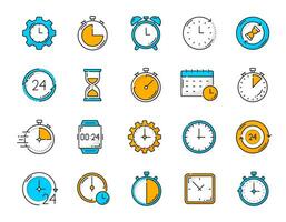 Temporizador reloj, calendario, cronógrafo contorno íconos vector