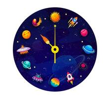 galaxia reloj con espacio planeta, cohete y extraterrestre vector