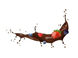 Chocolate milk drink wave splash with ripe berries vector