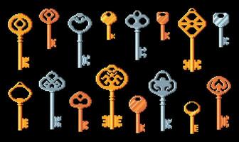 Vintage door keys pixel art 8bit game icons vector