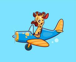 Cartoon cute giraffe animal character on plane vector