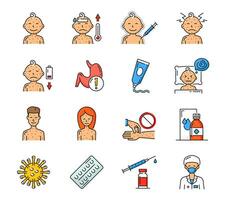 Chicken pox disease symptoms and treatment icons vector