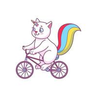 linda dibujos animados caticorn gato montando en bicicleta vector