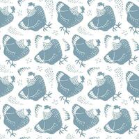 Seamless pattern with chicken. Hand drawn vector illustration. Farm animal print. Spring summer hen pattern for paper, textile design. Block print effect.